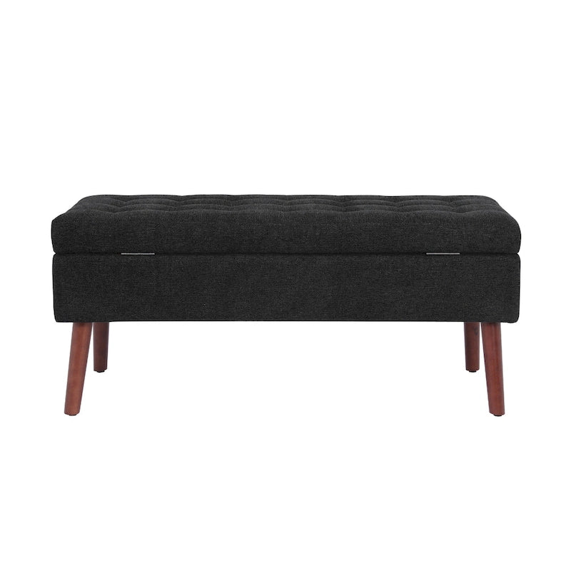 Banc de rangement capitonné en lin avec charnière de sécurité et pieds en bois