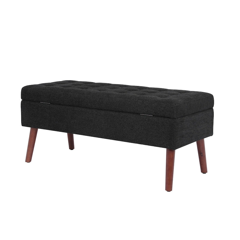 Banc de rangement capitonné en lin avec charnière de sécurité et pieds en bois