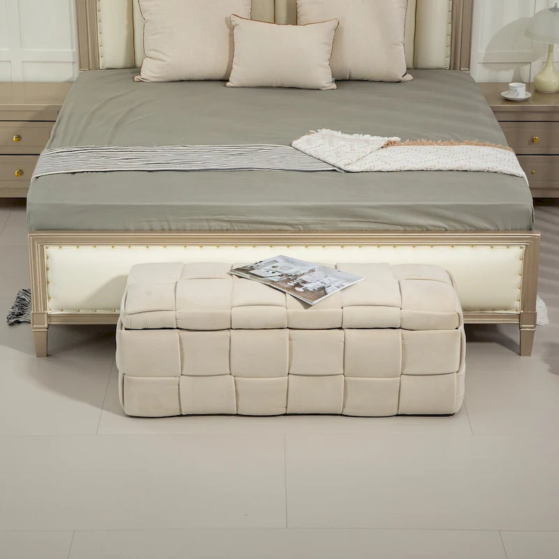 Pouf de rangement en velours avec charnière de sécurité, aucun assemblage requis