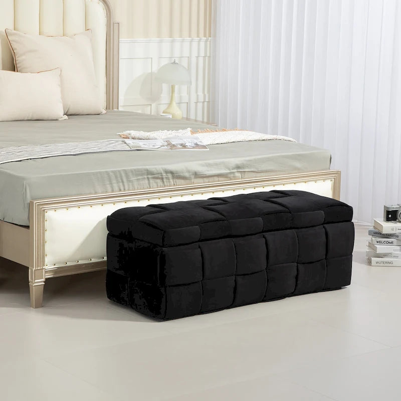 Pouf de rangement en velours avec charnière de sécurité, aucun assemblage requis