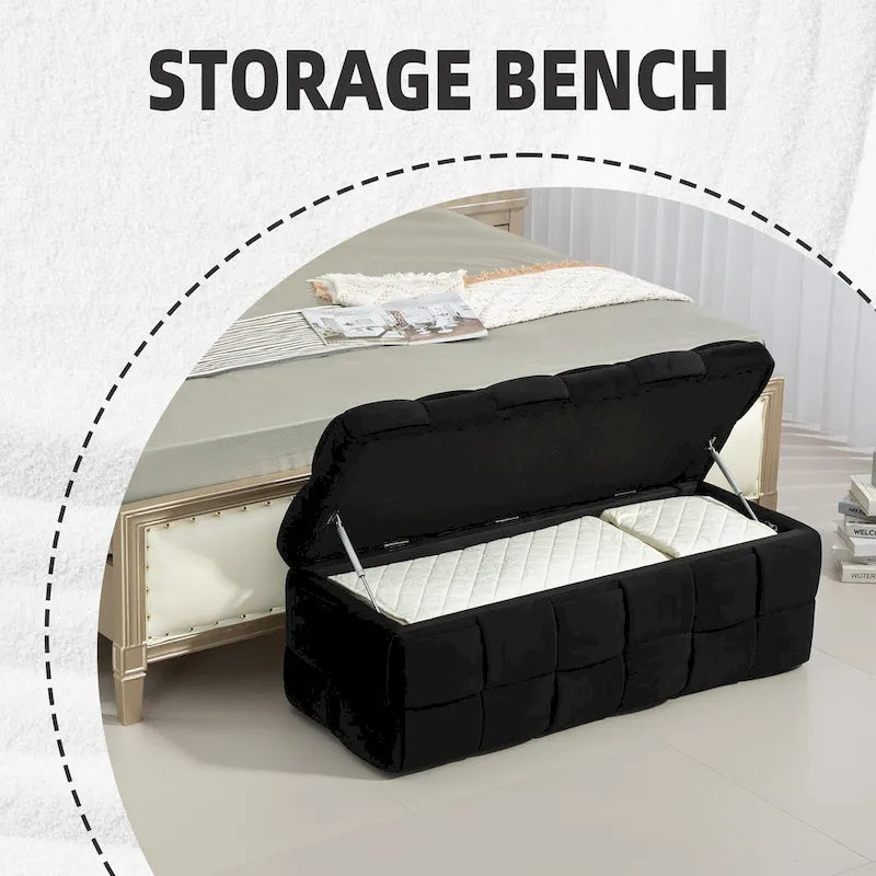 Pouf de rangement en velours avec charnière de sécurité, aucun assemblage requis