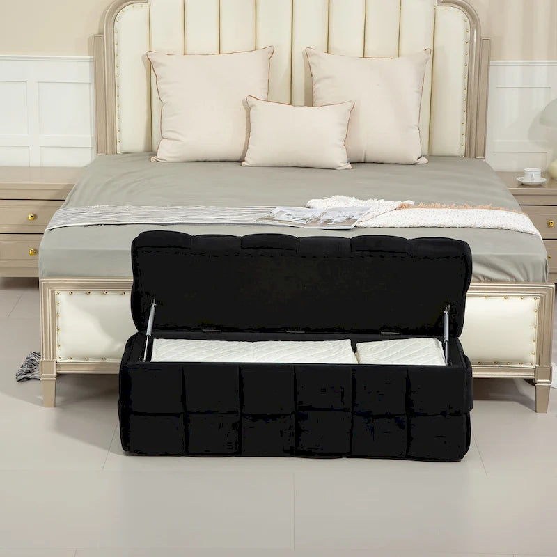 Pouf de rangement en velours avec charnière de sécurité, aucun assemblage requis
