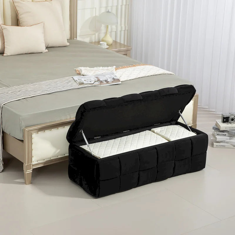 Pouf de rangement en velours avec charnière de sécurité, aucun assemblage requis