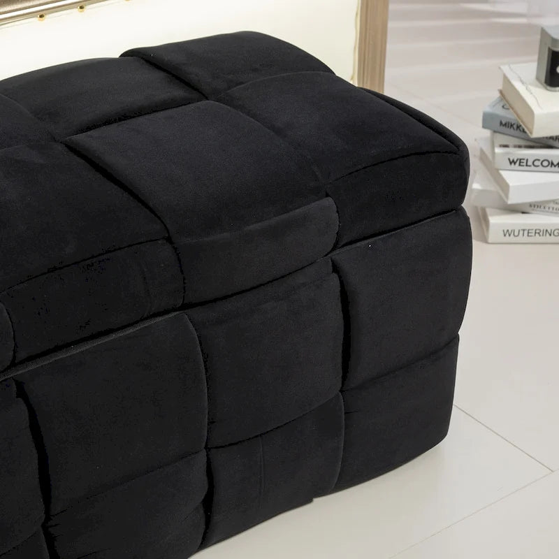 Pouf de rangement en velours avec charnière de sécurité, aucun assemblage requis