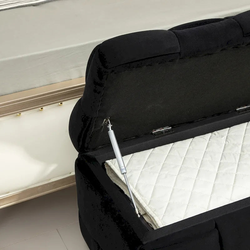 Pouf de rangement en velours avec charnière de sécurité, aucun assemblage requis