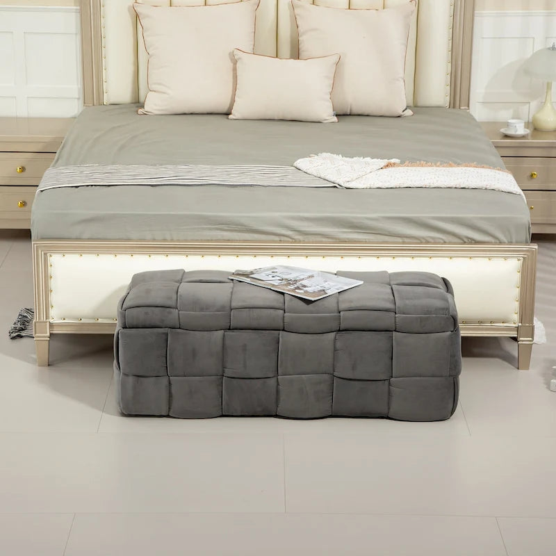 Pouf de rangement en velours avec charnière de sécurité, aucun assemblage requis