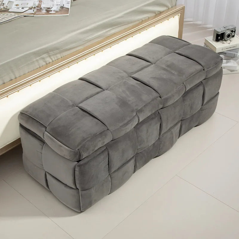 Pouf de rangement en velours avec charnière de sécurité, aucun assemblage requis
