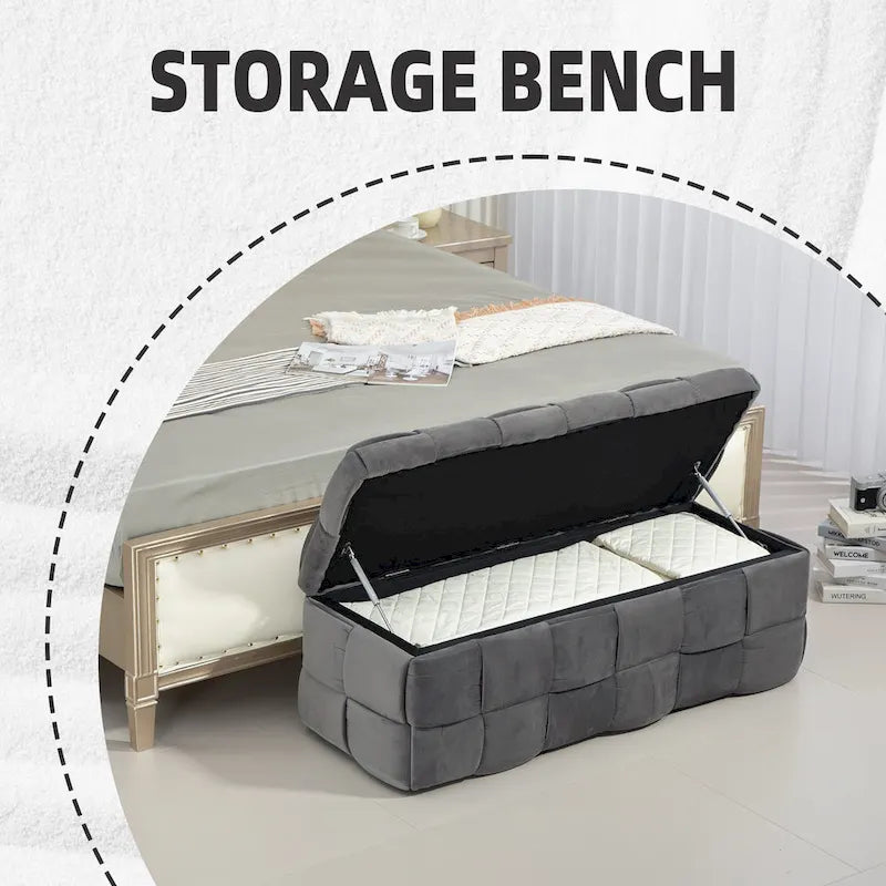 Pouf de rangement en velours avec charnière de sécurité, aucun assemblage requis