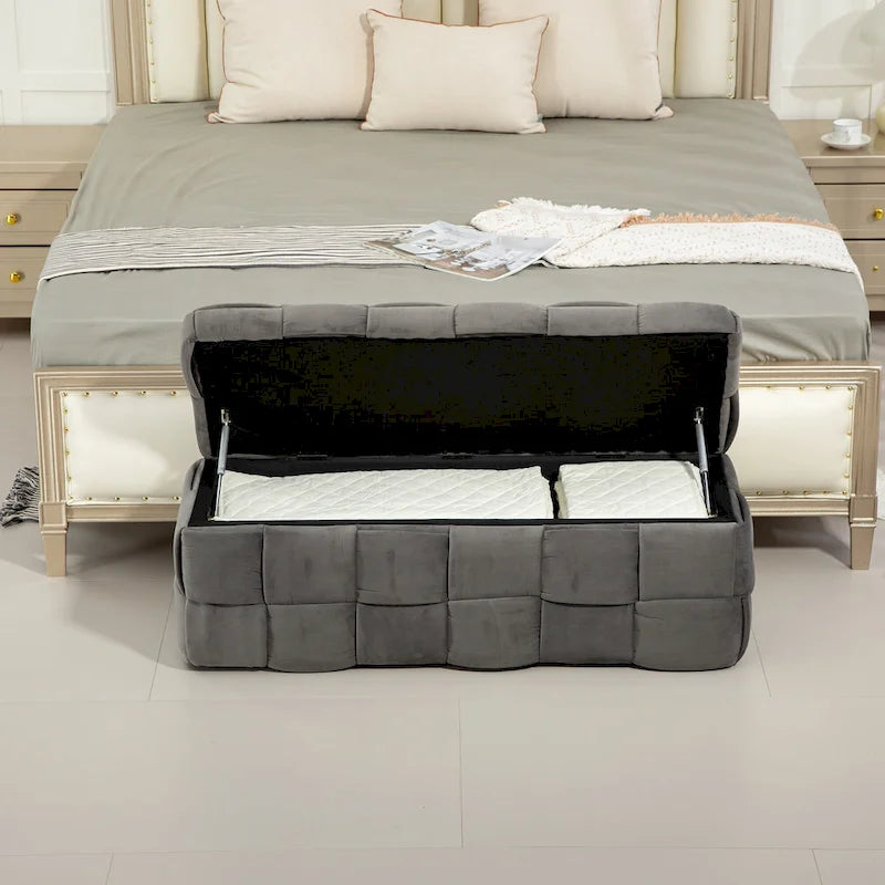 Pouf de rangement en velours avec charnière de sécurité, aucun assemblage requis