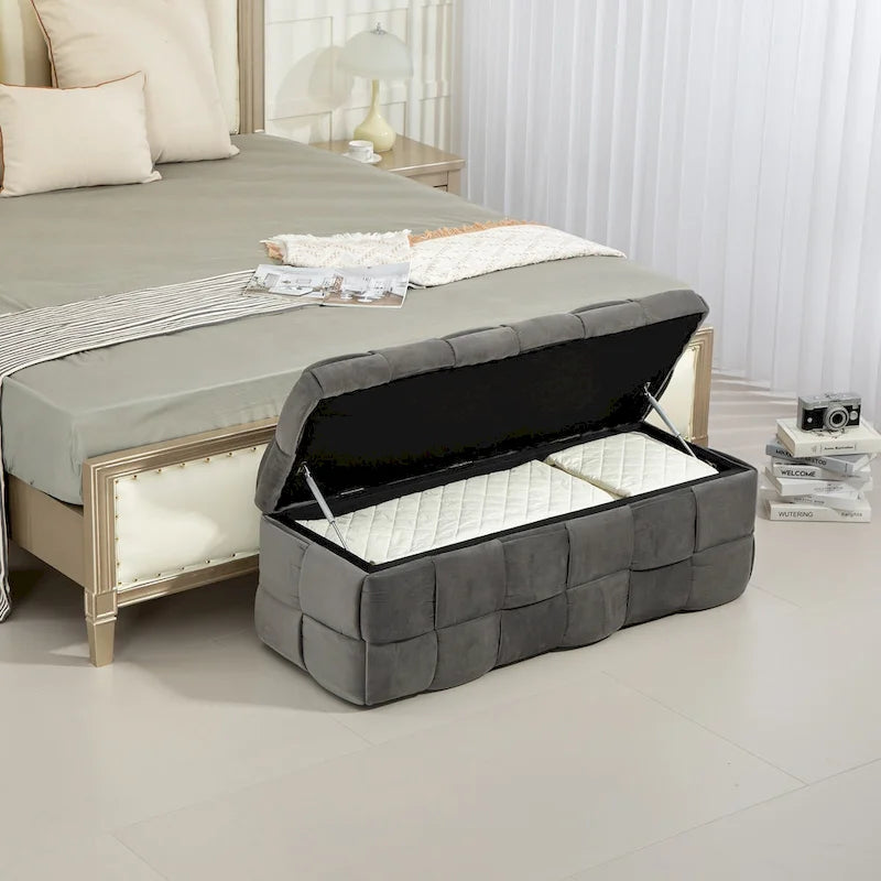 Pouf de rangement en velours avec charnière de sécurité, aucun assemblage requis