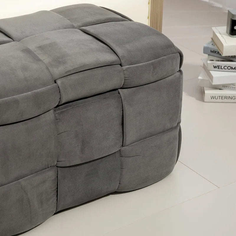 Pouf de rangement en velours avec charnière de sécurité, aucun assemblage requis