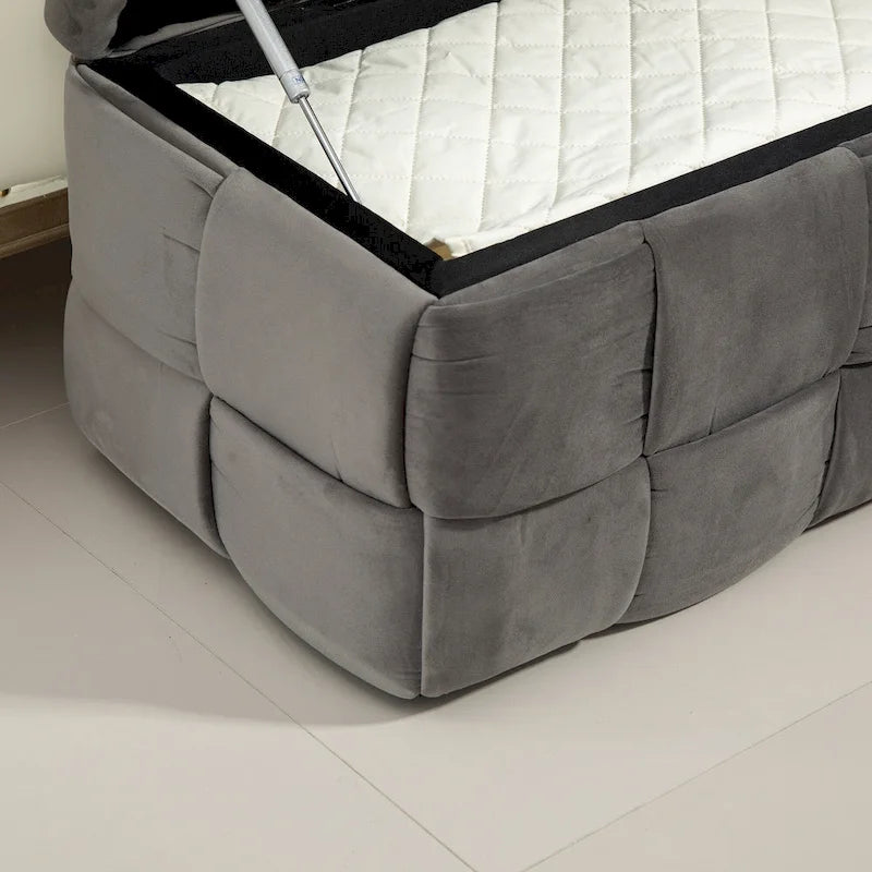 Pouf de rangement en velours avec charnière de sécurité, aucun assemblage requis