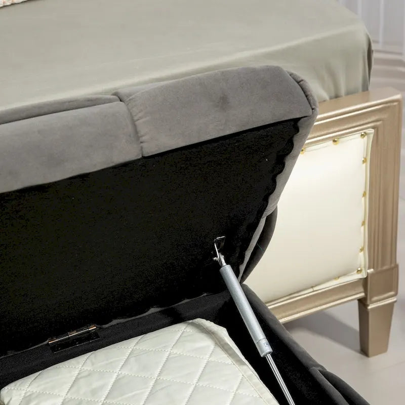 Pouf de rangement en velours avec charnière de sécurité, aucun assemblage requis