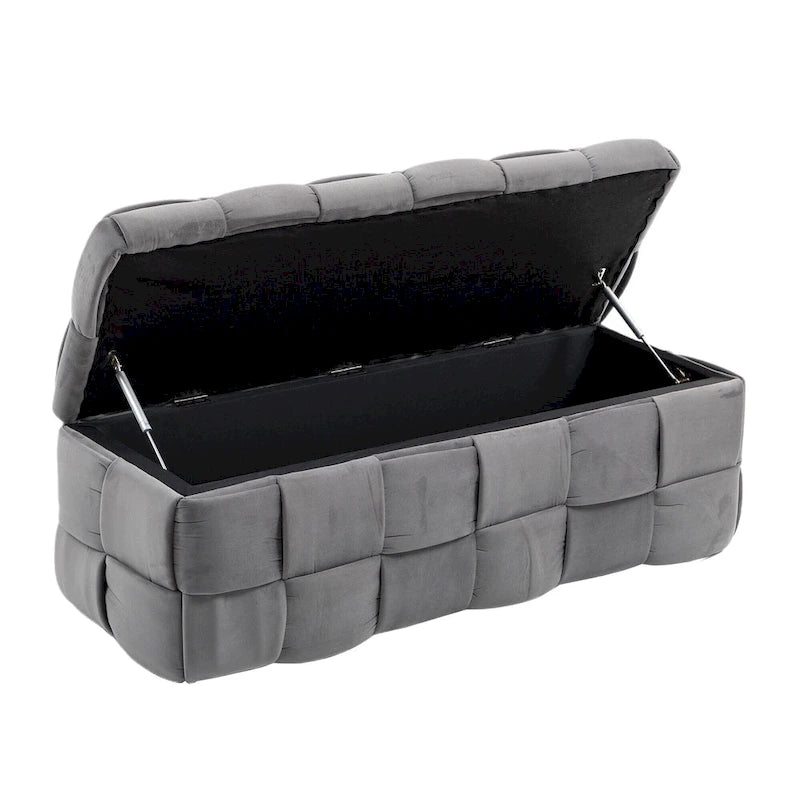 Pouf de rangement en velours avec charnière de sécurité, aucun assemblage requis