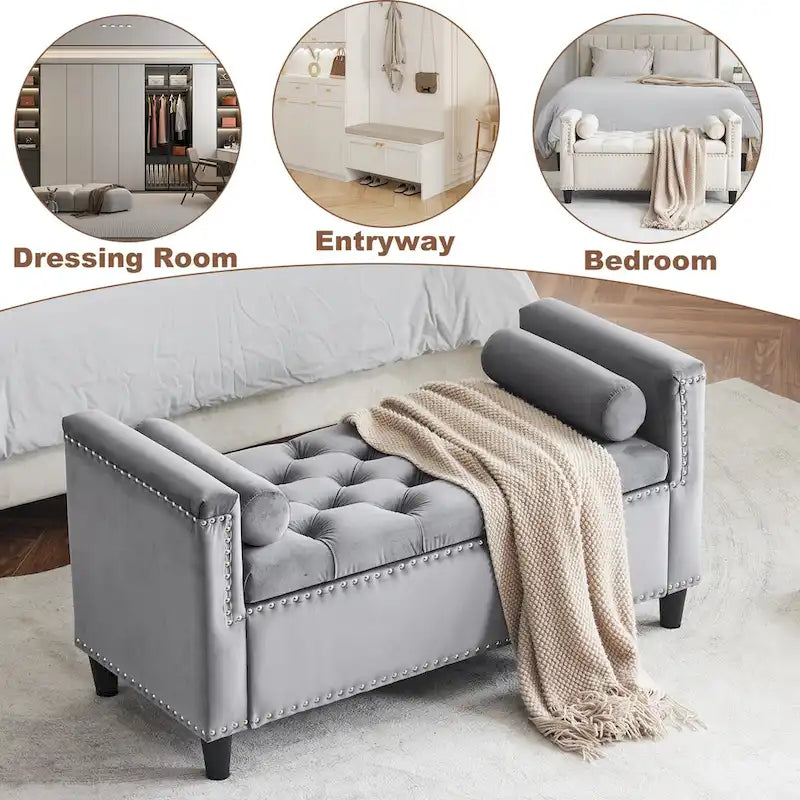 Banc de rangement capitonné boutonné en velours Queen avec accoudoirs et garniture cloutée