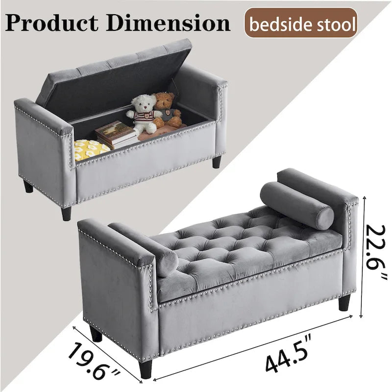 Banc de rangement capitonné boutonné en velours Queen avec accoudoirs et garniture cloutée