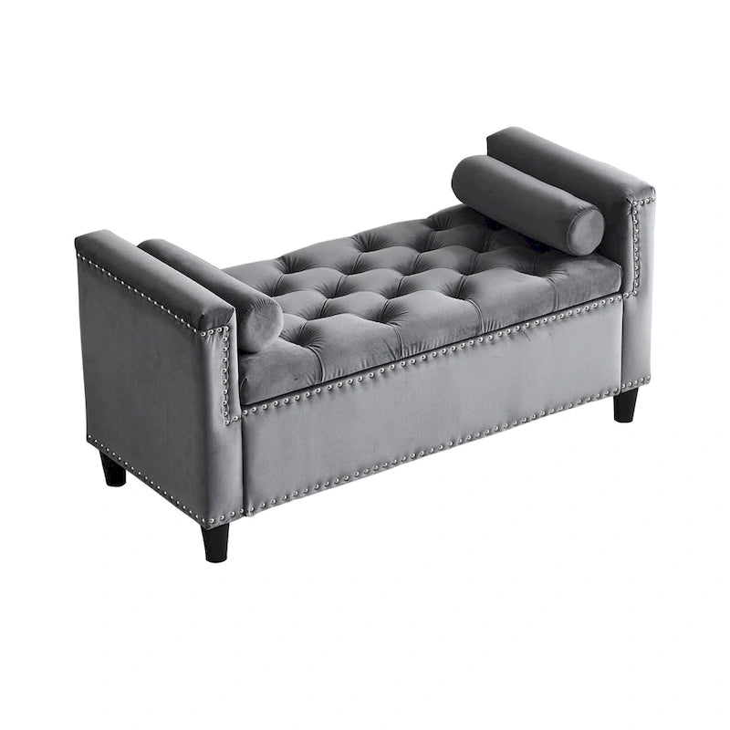 Banc de rangement capitonné boutonné en velours Queen avec accoudoirs et garniture cloutée
