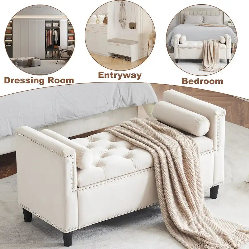 Banc de rangement capitonné boutonné en velours Queen avec accoudoirs et garniture cloutée