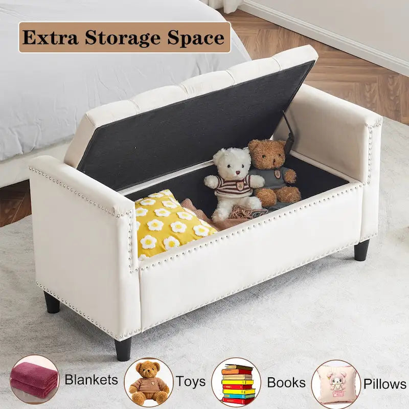 Banc de rangement capitonné boutonné en velours Queen avec accoudoirs et garniture cloutée