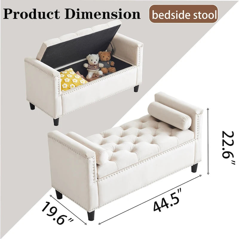 Banc de rangement capitonné boutonné en velours Queen avec accoudoirs et garniture cloutée