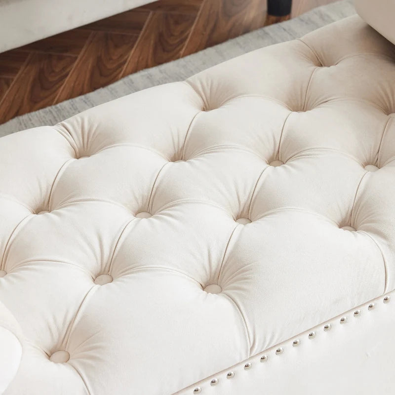Banc de rangement capitonné boutonné en velours Queen avec accoudoirs et garniture cloutée