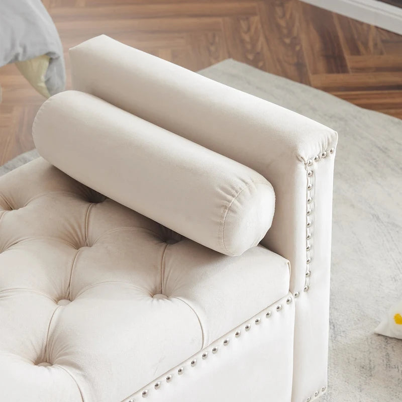 Banc de rangement capitonné boutonné en velours Queen avec accoudoirs et garniture cloutée