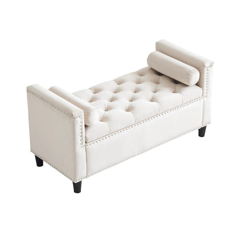 Banc de rangement capitonné boutonné en velours Queen avec accoudoirs et garniture cloutée