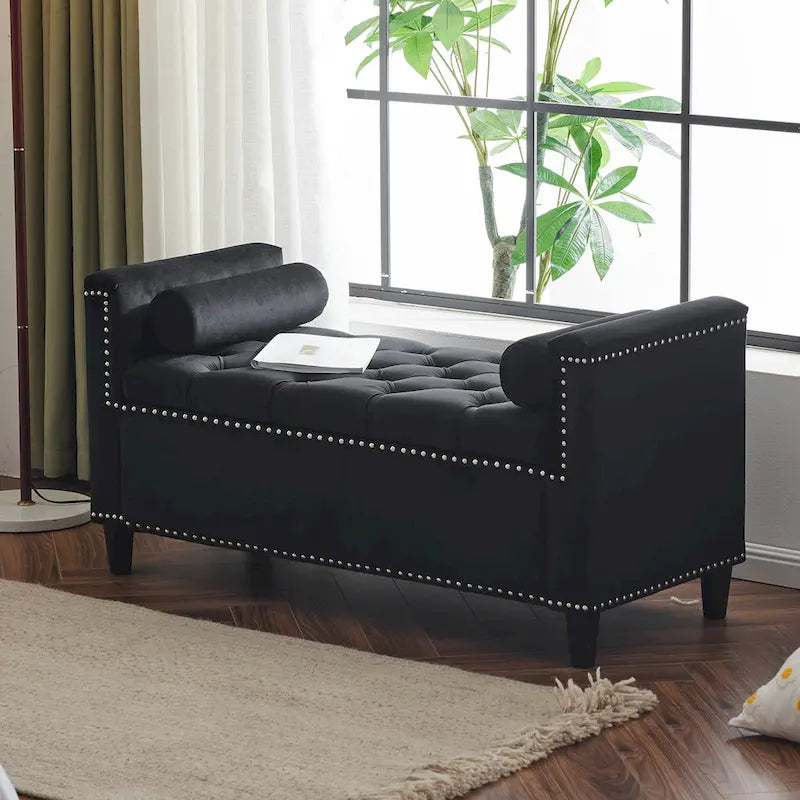 Banc de rangement capitonné boutonné en velours Queen avec accoudoirs et garniture cloutée