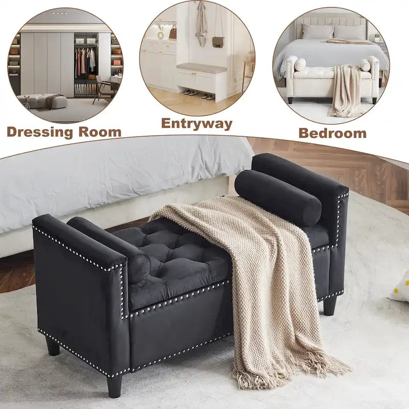 Banc de rangement capitonné boutonné en velours Queen avec accoudoirs et garniture cloutée