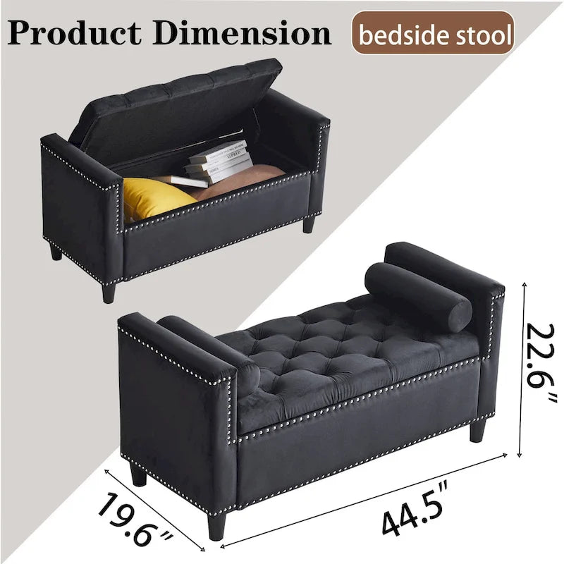 Banc de rangement capitonné boutonné en velours Queen avec accoudoirs et garniture cloutée