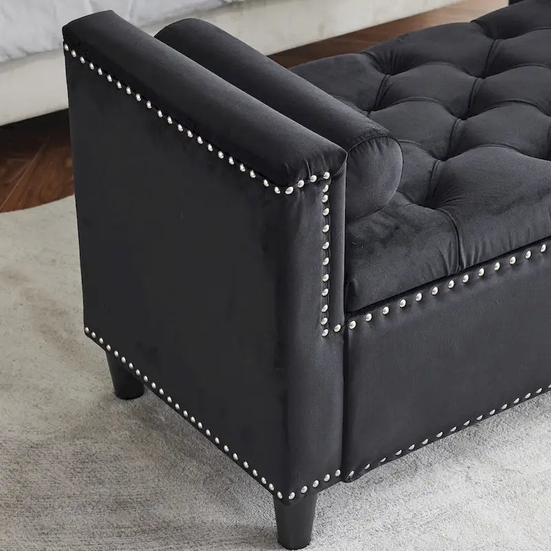 Banc de rangement capitonné boutonné en velours Queen avec accoudoirs et garniture cloutée