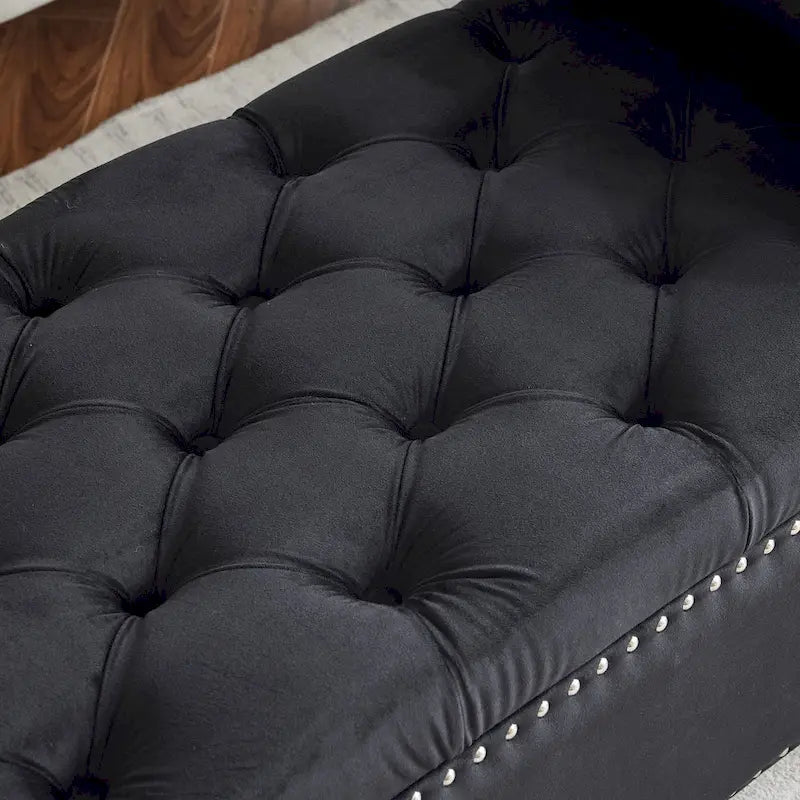 Banc de rangement capitonné boutonné en velours Queen avec accoudoirs et garniture cloutée
