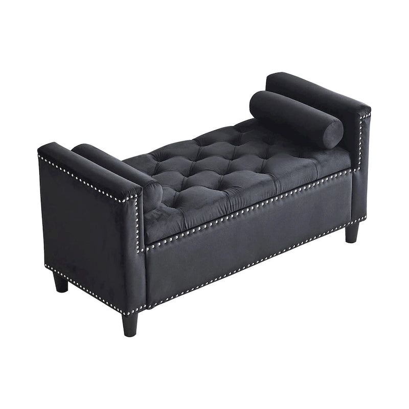 Banc de rangement capitonné boutonné en velours Queen avec accoudoirs et garniture cloutée