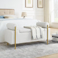Banc de rangement capitonné en lin avec accoudoirs cylindriques et pieds en métal doré