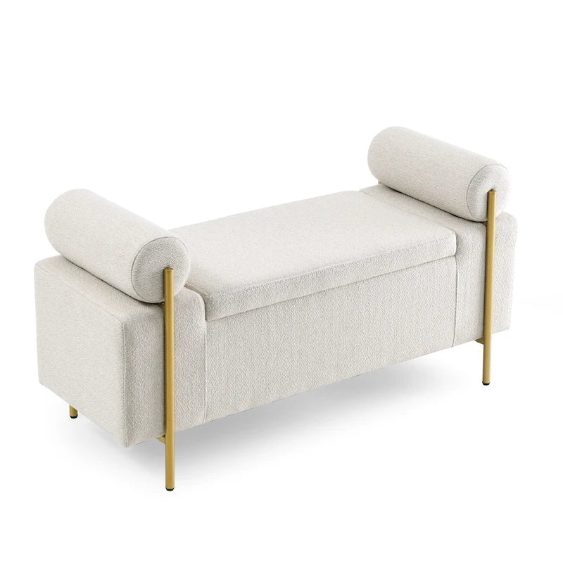 Banc de rangement capitonné en lin avec accoudoirs cylindriques et pieds en métal doré