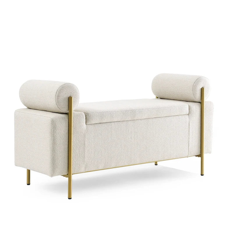 Banc de rangement capitonné en lin avec accoudoirs cylindriques et pieds en métal doré