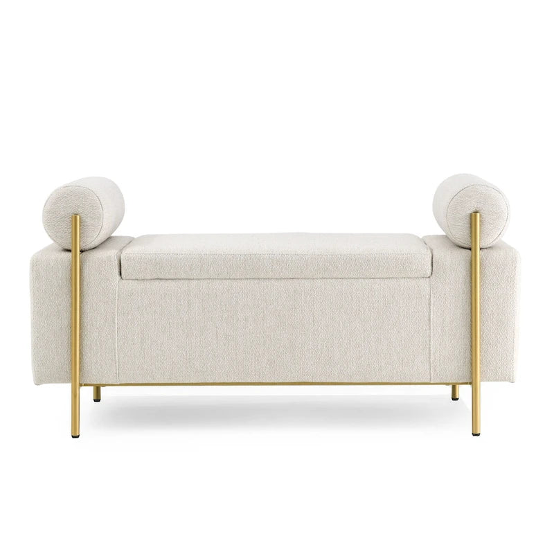 Banc de rangement capitonné en lin avec accoudoirs cylindriques et pieds en métal doré