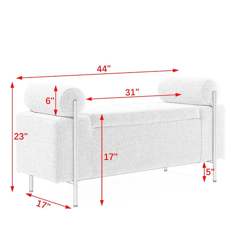 Banc de rangement capitonné en lin avec accoudoirs cylindriques et pieds en métal doré
