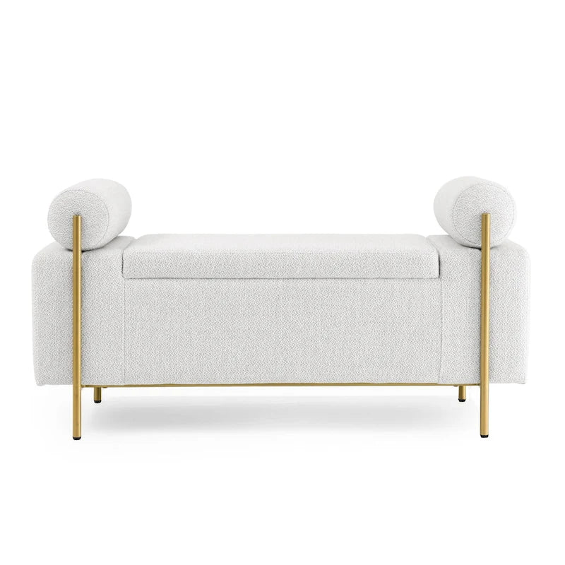 Banc de rangement capitonné en lin avec accoudoirs cylindriques et pieds en métal doré