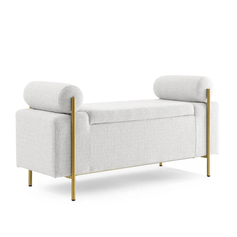Banc de rangement capitonné en lin avec accoudoirs cylindriques et pieds en métal doré