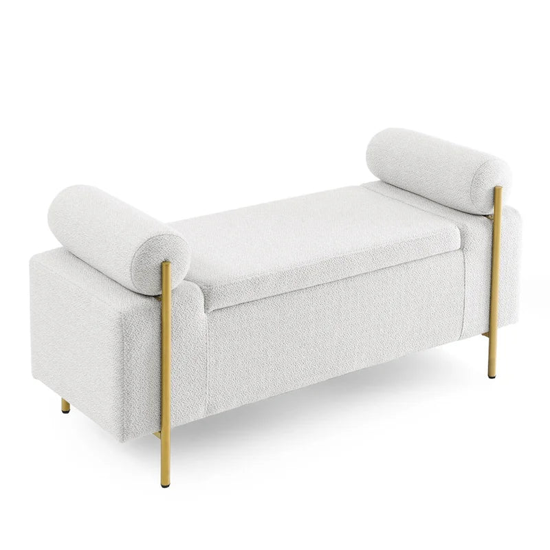 Banc de rangement capitonné en lin avec accoudoirs cylindriques et pieds en métal doré