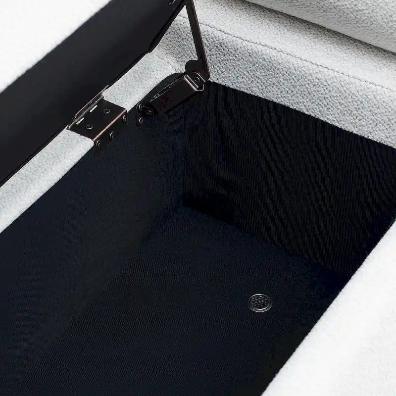 Banc de rangement capitonné en lin avec accoudoirs cylindriques et pieds en métal doré