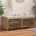 Banc de rangement avec volets décoratifs en placage d'acacia pour un charme rétro dans le salon ou l'entrée (Bleu marine)