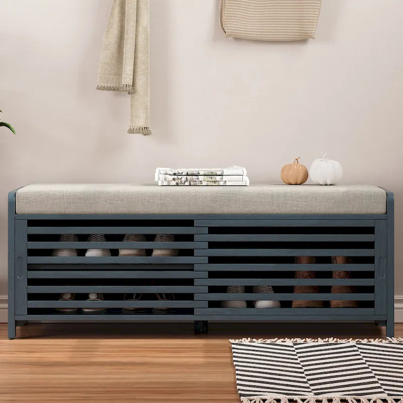 Banc de rangement avec volets décoratifs en placage d'acacia pour un charme rétro dans le salon ou l'entrée (Bleu marine)