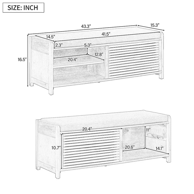 Banc de rangement avec volets décoratifs en placage d'acacia pour un charme rétro dans le salon ou l'entrée (Bleu marine)