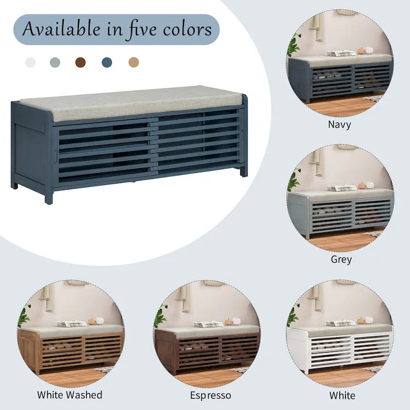 Banc de rangement avec volets décoratifs en placage d'acacia pour un charme rétro dans le salon ou l'entrée (Bleu marine)