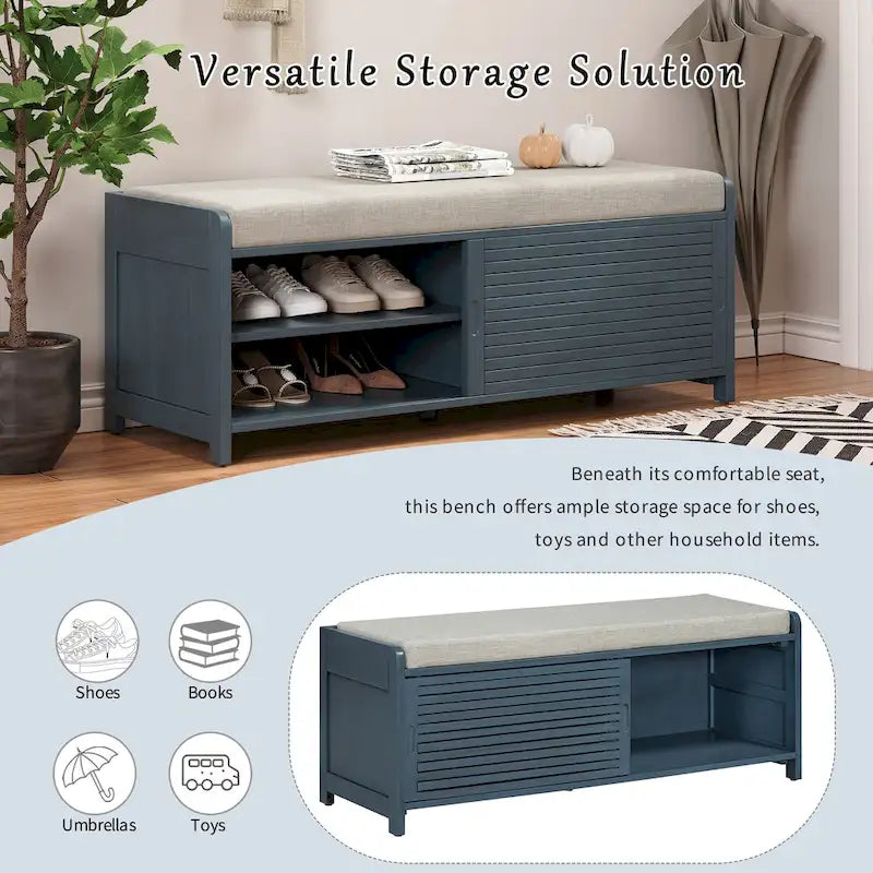Banc de rangement avec volets décoratifs en placage d'acacia pour un charme rétro dans le salon ou l'entrée (Bleu marine)