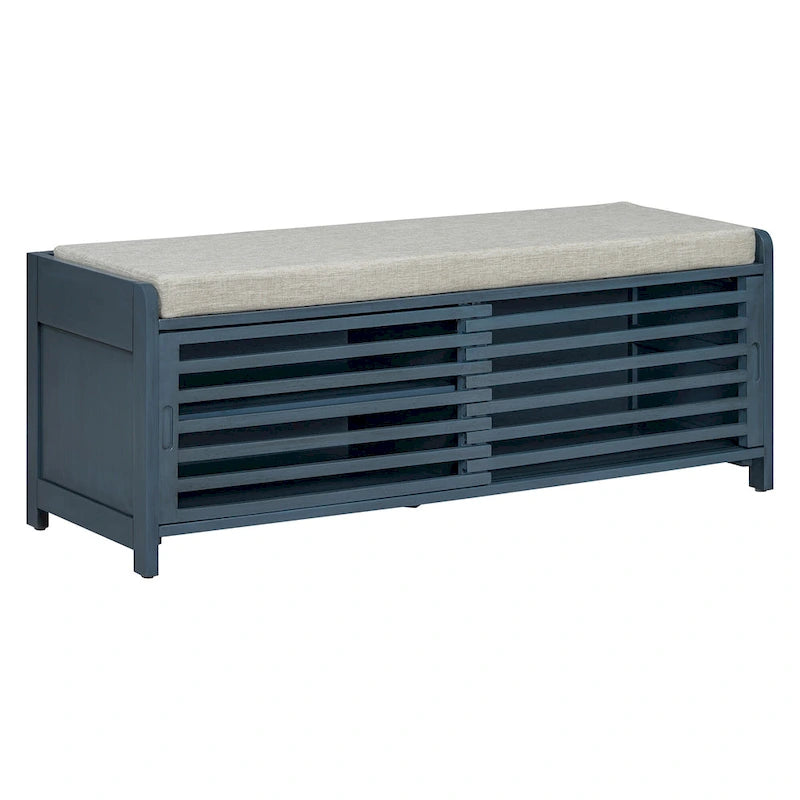 Banc de rangement avec volets décoratifs en placage d'acacia pour un charme rétro dans le salon ou l'entrée (Bleu marine)