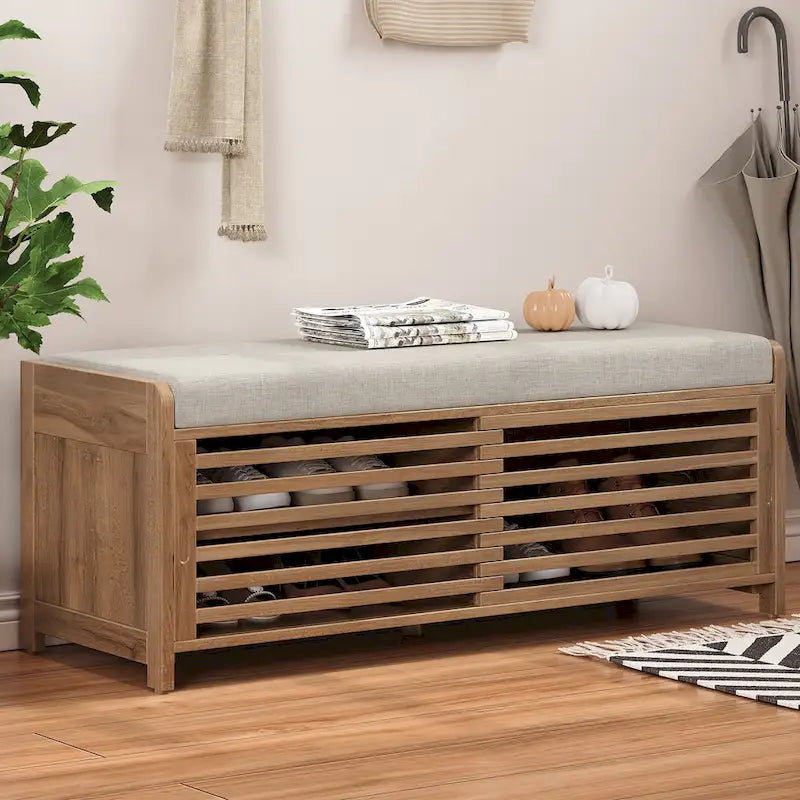 Banc de rangement avec volets décoratifs en placage d'acacia pour un charme rétro dans le salon ou l'entrée (Bleu marine)