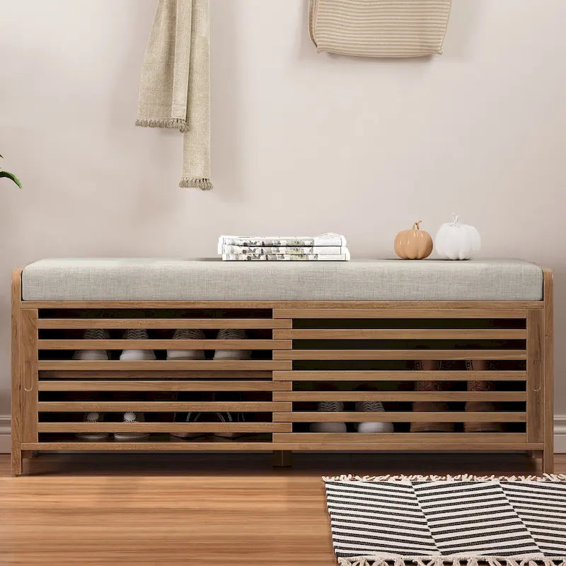Banc de rangement avec volets décoratifs en placage d'acacia pour un charme rétro dans le salon ou l'entrée (Bleu marine)